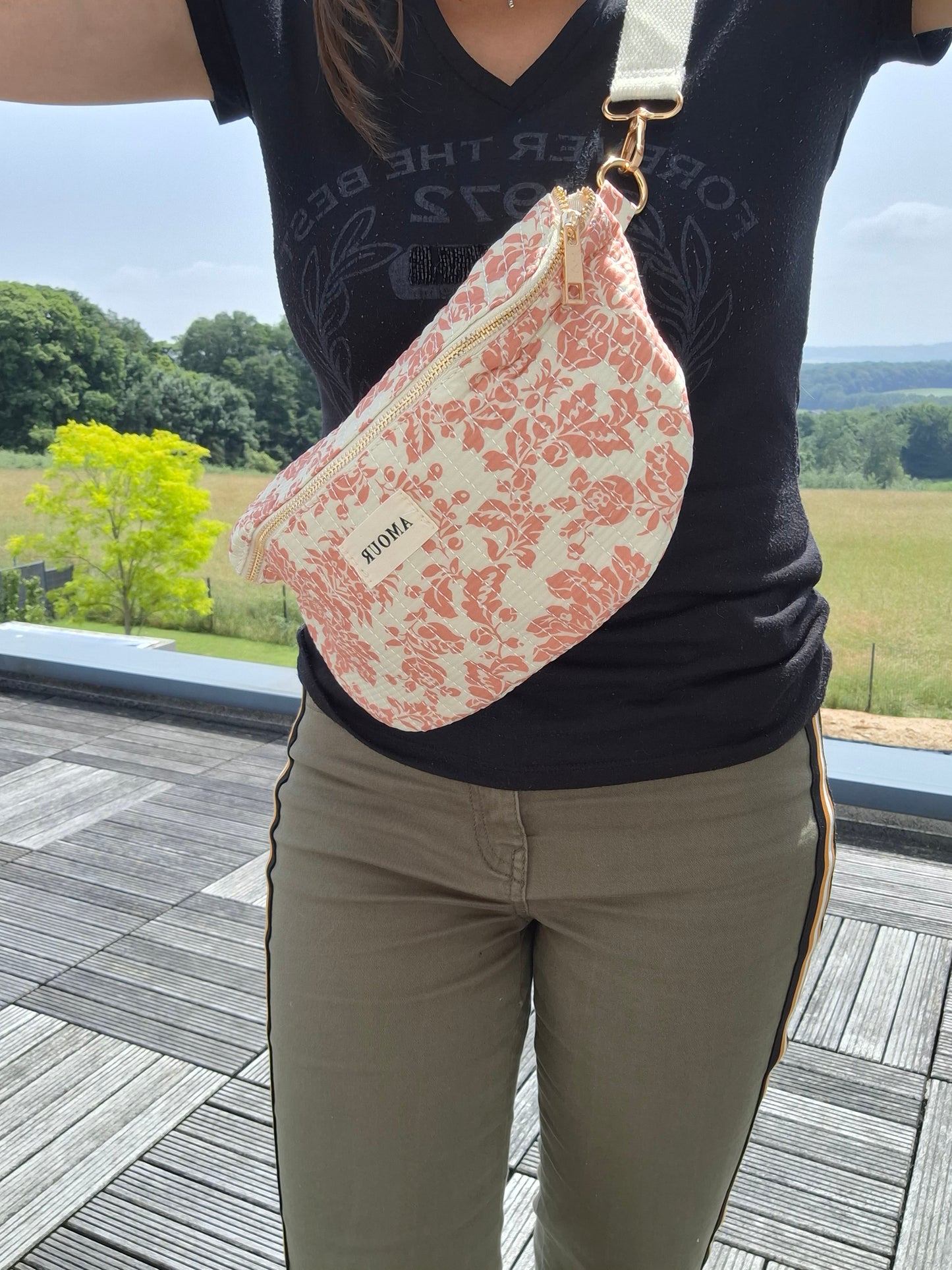 Sac banane coton matelassé blanc liberty fleuri corail creme