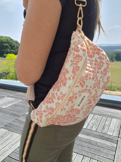 Sac banane coton matelassé blanc liberty fleuri corail creme