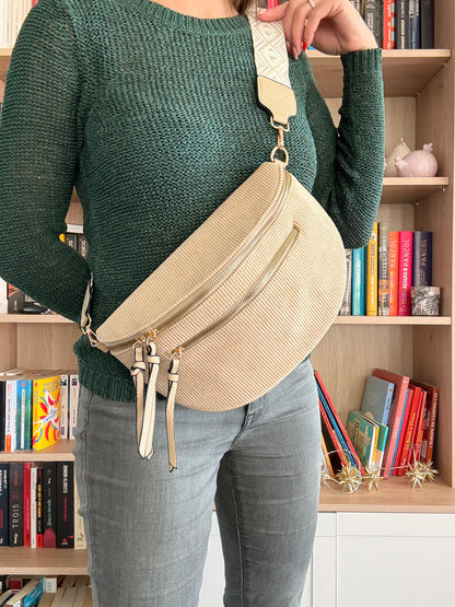 Riñonera Pana Beige Arena - Doble Bolsillo con Cremallera Mujer