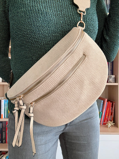 Riñonera Pana Beige Arena - Doble Bolsillo con Cremallera Mujer