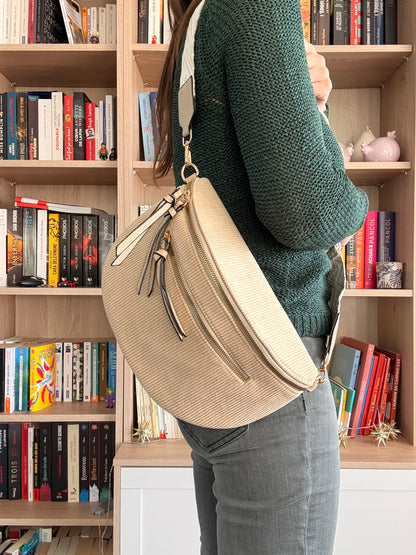 Riñonera Pana Beige Arena - Doble Bolsillo con Cremallera Mujer