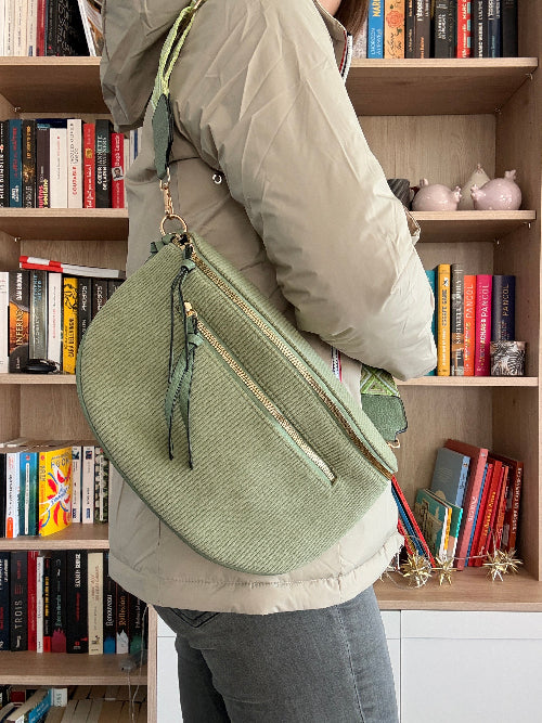Sac Banane Velours Côtelé Vert Sauge - Double Poche Femme