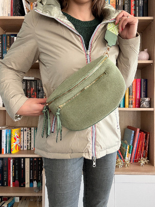 Sac Banane Velours Côtelé Vert Sauge - Double Poche Femme