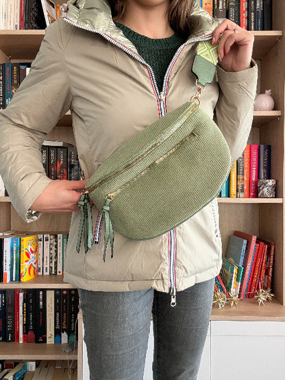 Sac Banane Velours Côtelé Vert Sauge - Double Poche Femme