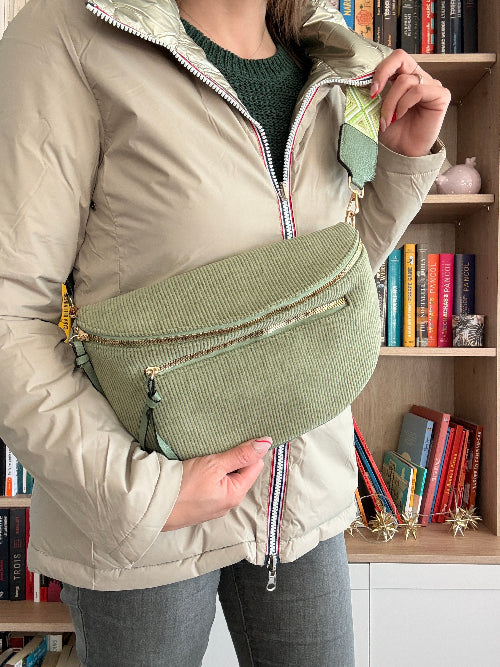 Sac Banane Velours Côtelé Vert Sauge - Double Poche Femme