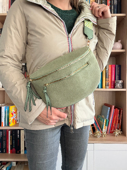Sac Banane Velours Côtelé Vert Sauge - Double Poche Femme