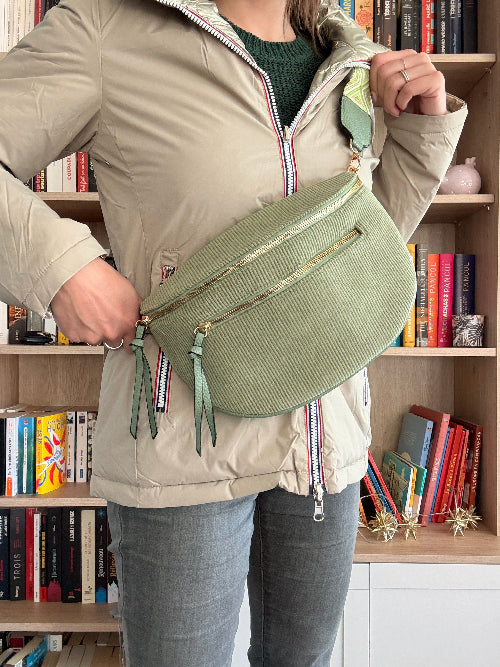 Sac Banane Velours Côtelé Vert Sauge - Double Poche Femme