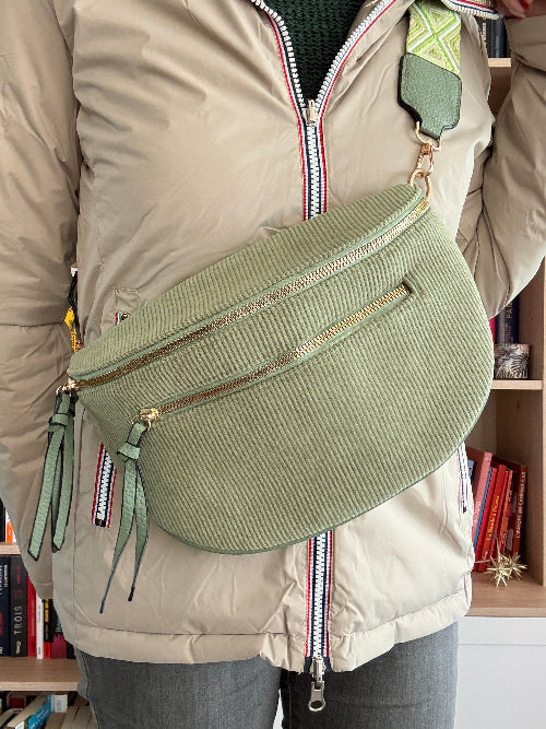 Sac Banane Velours Côtelé Vert Sauge - Double Poche Femme