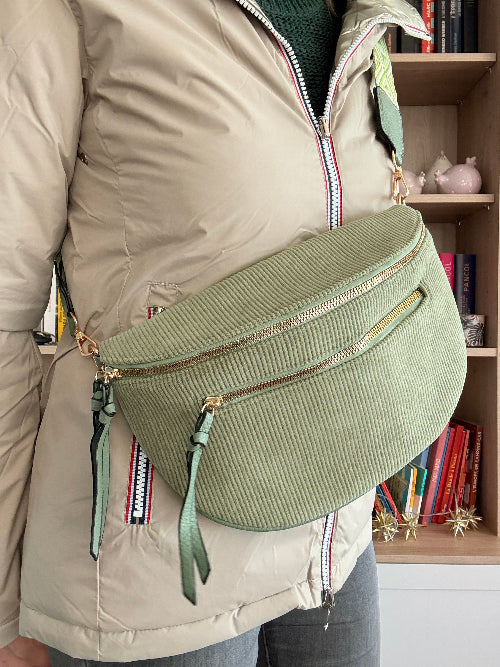 Sac Banane Velours Côtelé Vert Sauge - Double Poche Femme