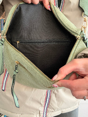 Sac Banane Velours Côtelé Vert Sauge - Double Poche Femme