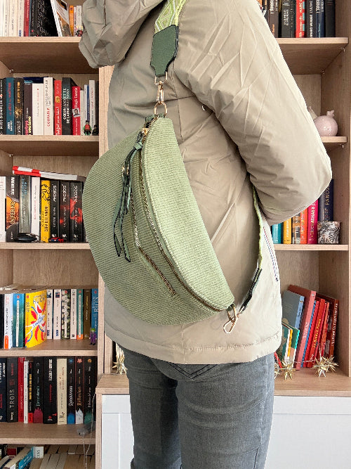 Sac Banane Velours Côtelé Vert Sauge - Double Poche Femme