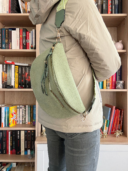 Sac Banane Velours Côtelé Vert Sauge - Double Poche Femme