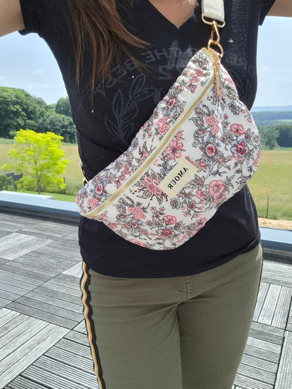 Sac banane en coton matelassé liberty fleuri noir rose creme