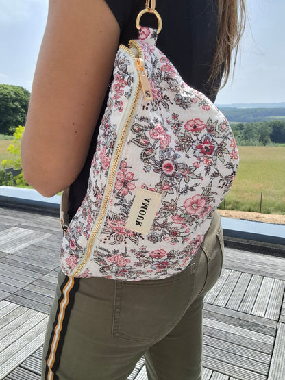 Sac banane en coton matelassé liberty fleuri noir rose creme