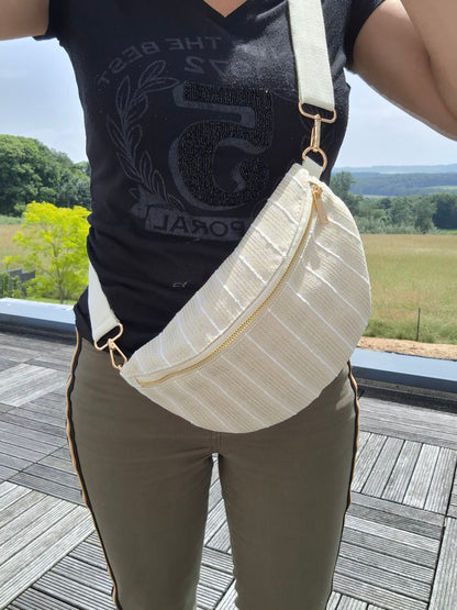 Sac banane en coton tissu bohème beige à rayures blanc doré