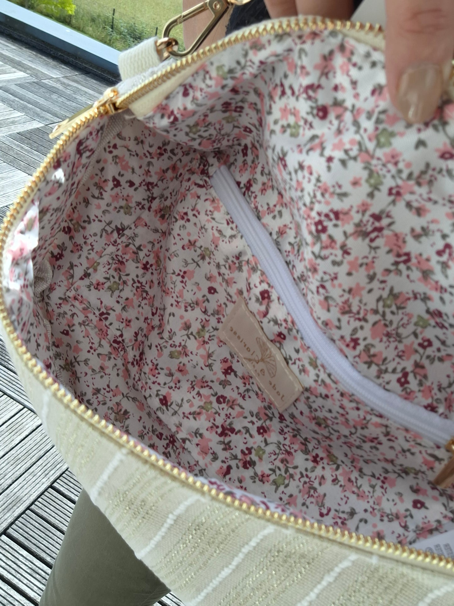 Sac banane en coton tissu bohème beige à rayures blanc doré