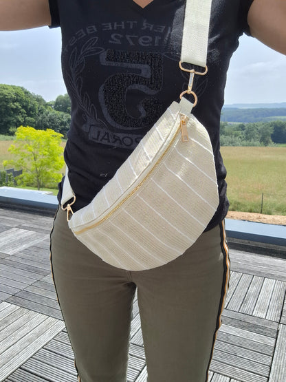 Sac banane en coton tissu bohème beige à rayures blanc doré