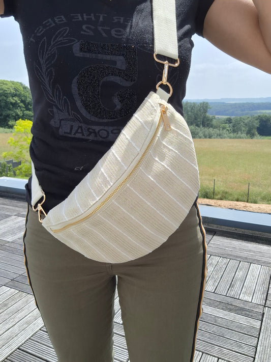 Sac banane en coton tissu bohème beige à rayures blanc doré