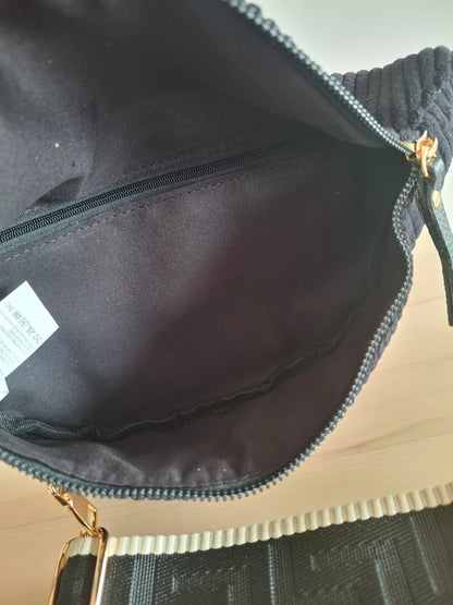 Sac banane velours côtelé 2 poches noir sangle fantaisie