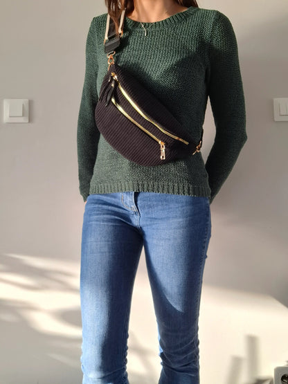 Sac banane velours côtelé 2 poches noir sangle fantaisie