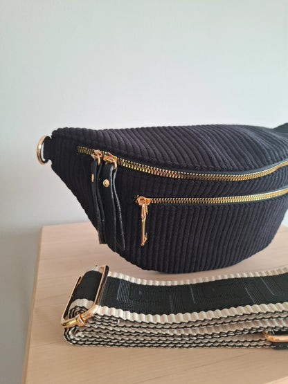 Sac banane velours côtelé 2 poches noir sangle fantaisie