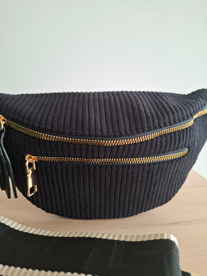 Sac banane velours côtelé 2 poches noir sangle fantaisie