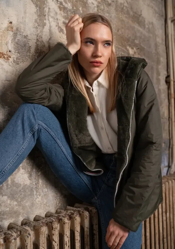Veste entièrement réversible kaki femme à capuche Laura Jo