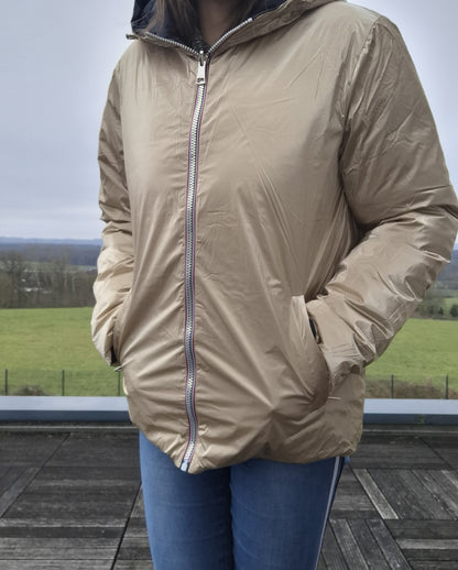 Nouveautés - Doudoune courte FEMME imperméable, matelassé bleu marine et réversible doré