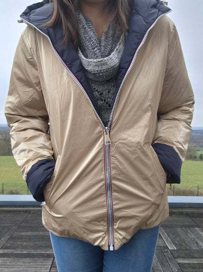 Nouveautés - Doudoune courte FEMME imperméable, matelassé bleu marine et réversible doré