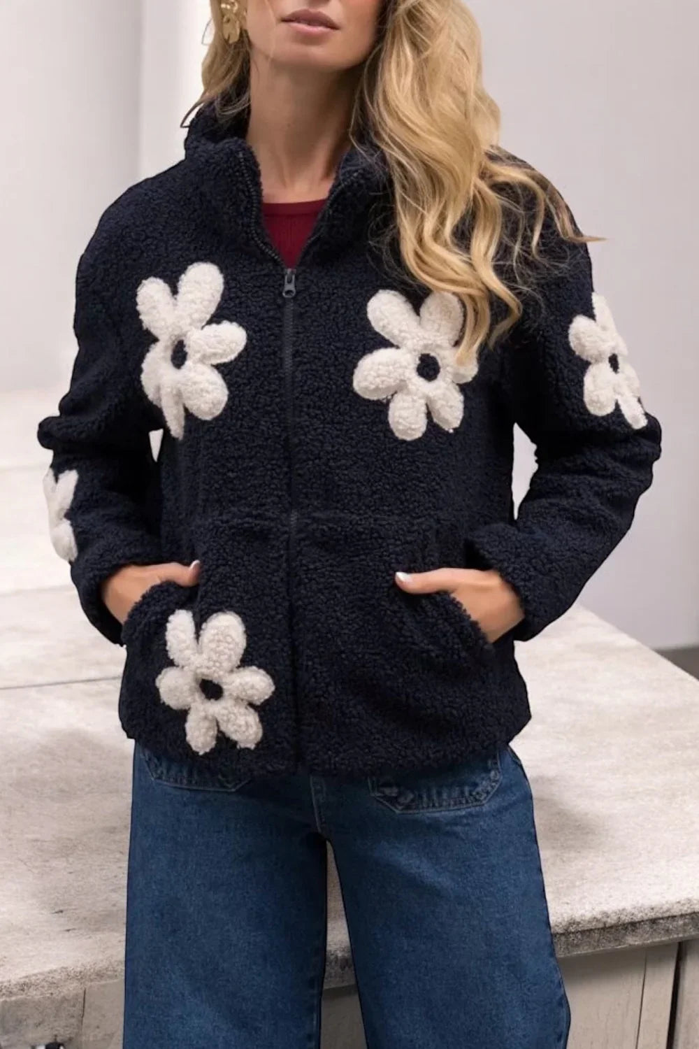Veste Sherpa Femme Bleu Marine à Motifs Fleurs Laura Jo - Fausse Fourrure Douce