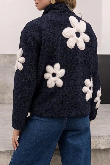 Veste Sherpa Femme Bleu Marine à Motifs Fleurs Laura Jo - Fausse Fourrure Douce