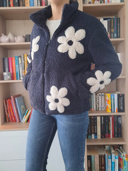 Veste Sherpa Femme Bleu Marine à Motifs Fleurs Laura Jo - Fausse Fourrure Douce