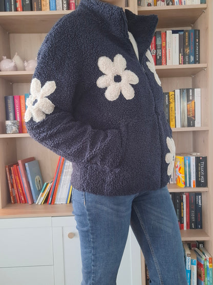 Veste Sherpa Femme Bleu Marine à Motifs Fleurs Laura Jo - Fausse Fourrure Douce