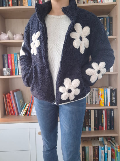 Veste Sherpa Femme Bleu Marine à Motifs Fleurs Laura Jo - Fausse Fourrure Douce