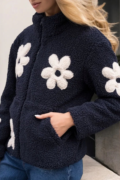 Veste Sherpa Femme Bleu Marine à Motifs Fleurs Laura Jo - Fausse Fourrure Douce