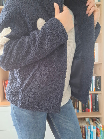 Veste Sherpa Femme Bleu Marine à Motifs Fleurs Laura Jo - Fausse Fourrure Douce