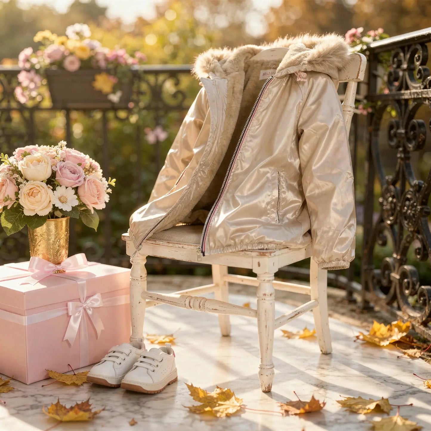 Imperméable fille doré à capuche avec doublure en fausse fourrure posé sur une chaise, replié, près de chaussures blanches et d’un bouquet de roses sur une terrasse.