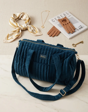 Sac Polochon Velours Matelassé Bleu Canard