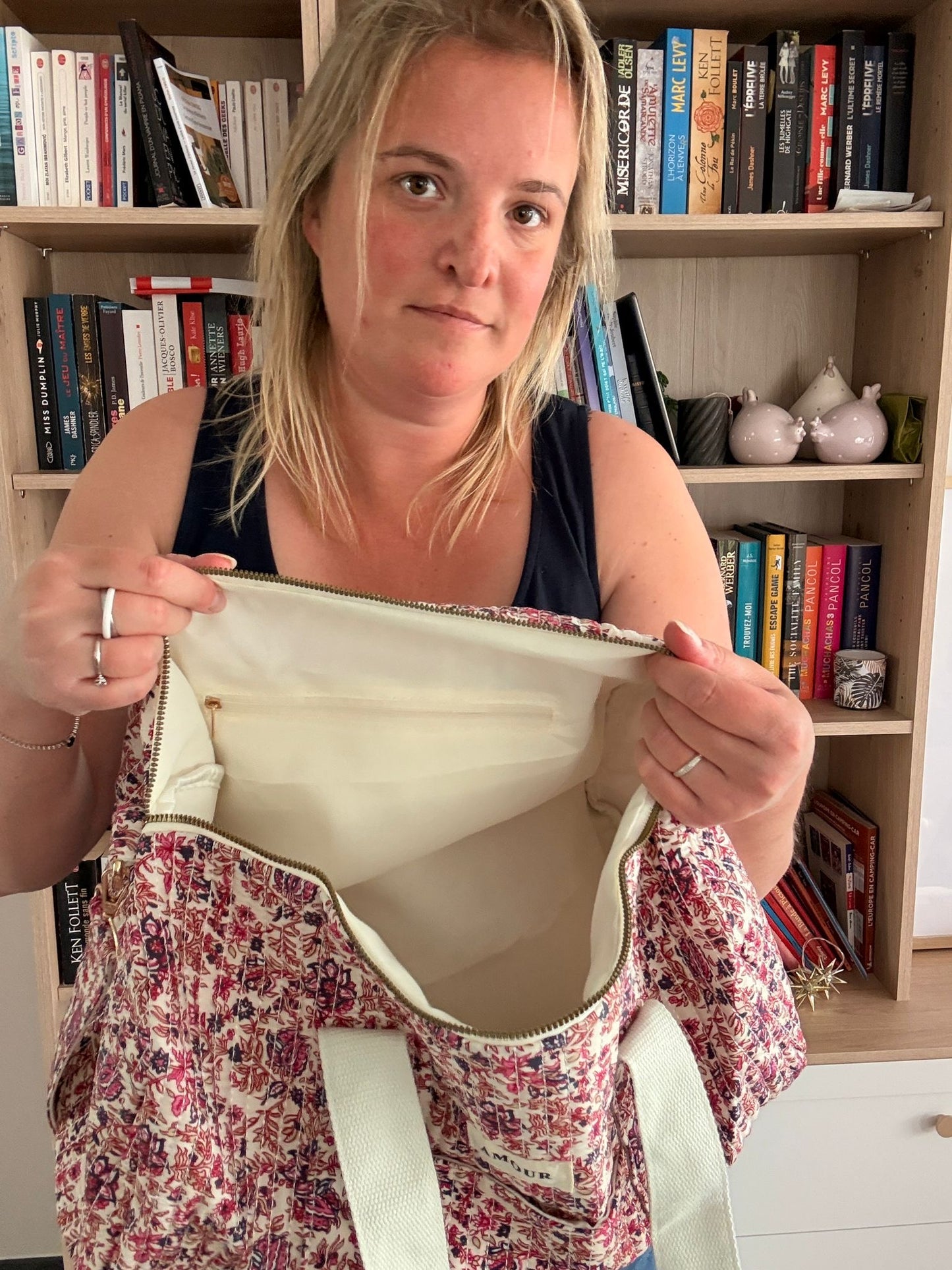 Sac Polochon "Amour" – Coton Matelassé Fleuri Rose & Bordeaux
