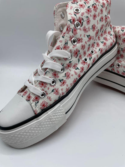 Baskets hautes motifs liberty fleurs roses en tissu type converse - Le Petit Placard