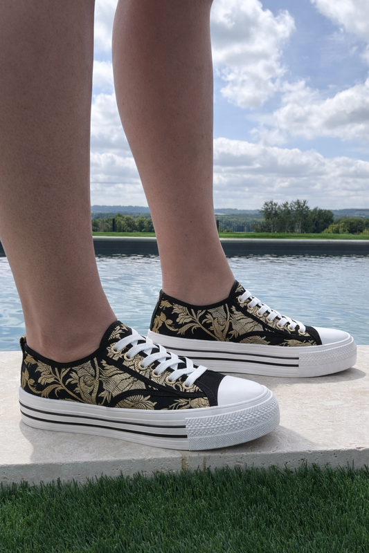 Zapatillas Bajas Negro Dorado Mujer - Estilo Converse Lona