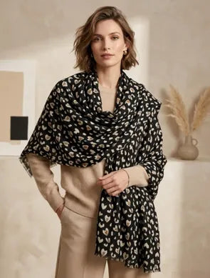 Écharpe léopard noire femme à motifs beige et écru