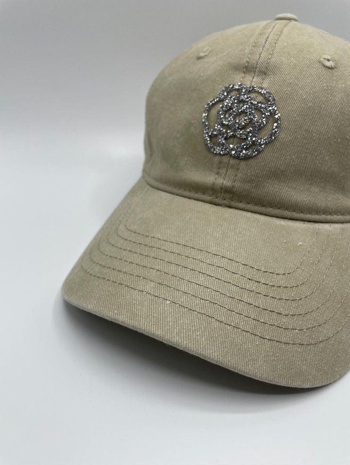 Casquette en coton beige avec logo en strass - Le Petit Placard