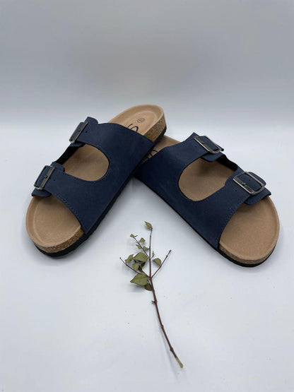 Chaussures sandales intérieur cuir bleu marine style Birkenstock - Le Petit Placard