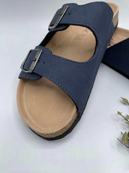 Chaussures sandales intérieur cuir bleu marine style Birkenstock - Le Petit Placard