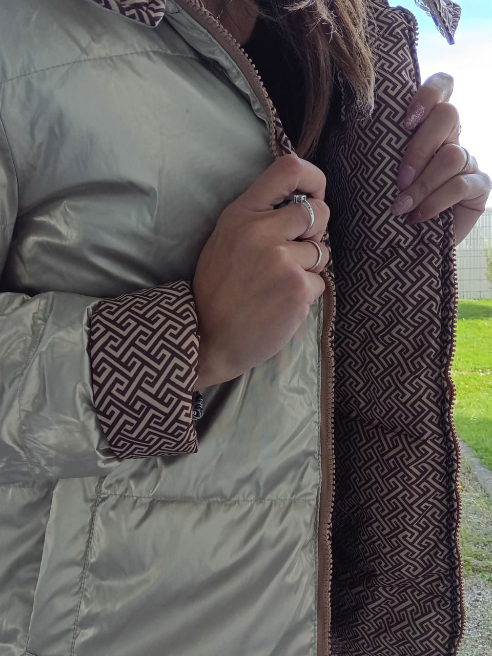 Reversible long waterproof brown and gold quilted coat with geometric lining, Le Petit Placard