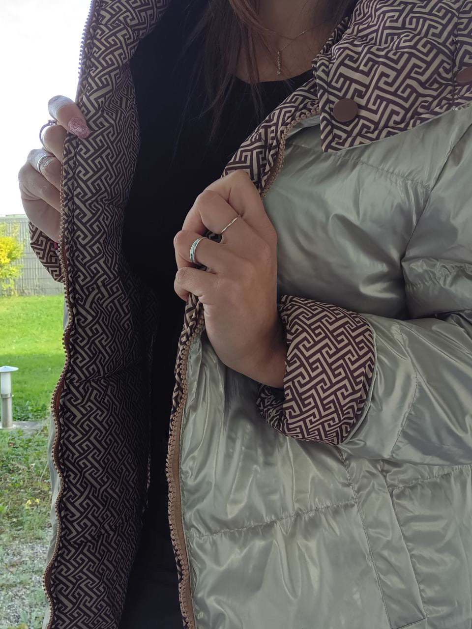 Reversible long quilted brown and gold raincoat with geometric lining, Le Petit Placard
