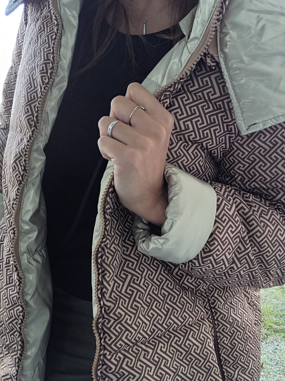 Reversible brown and gold quilted waterproof coat with geometric pattern, Le Petit Placard