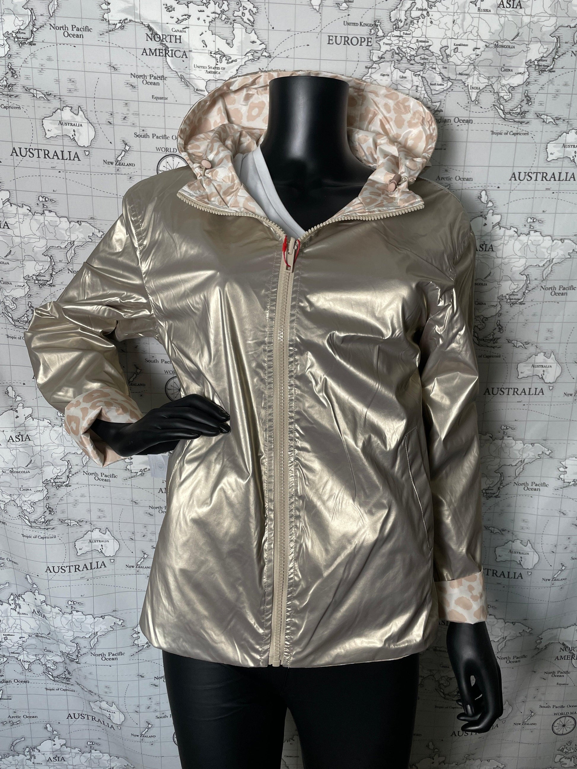 Escandelle - Parka courte motifs léopard beige réversible dorée - Le Petit Placard