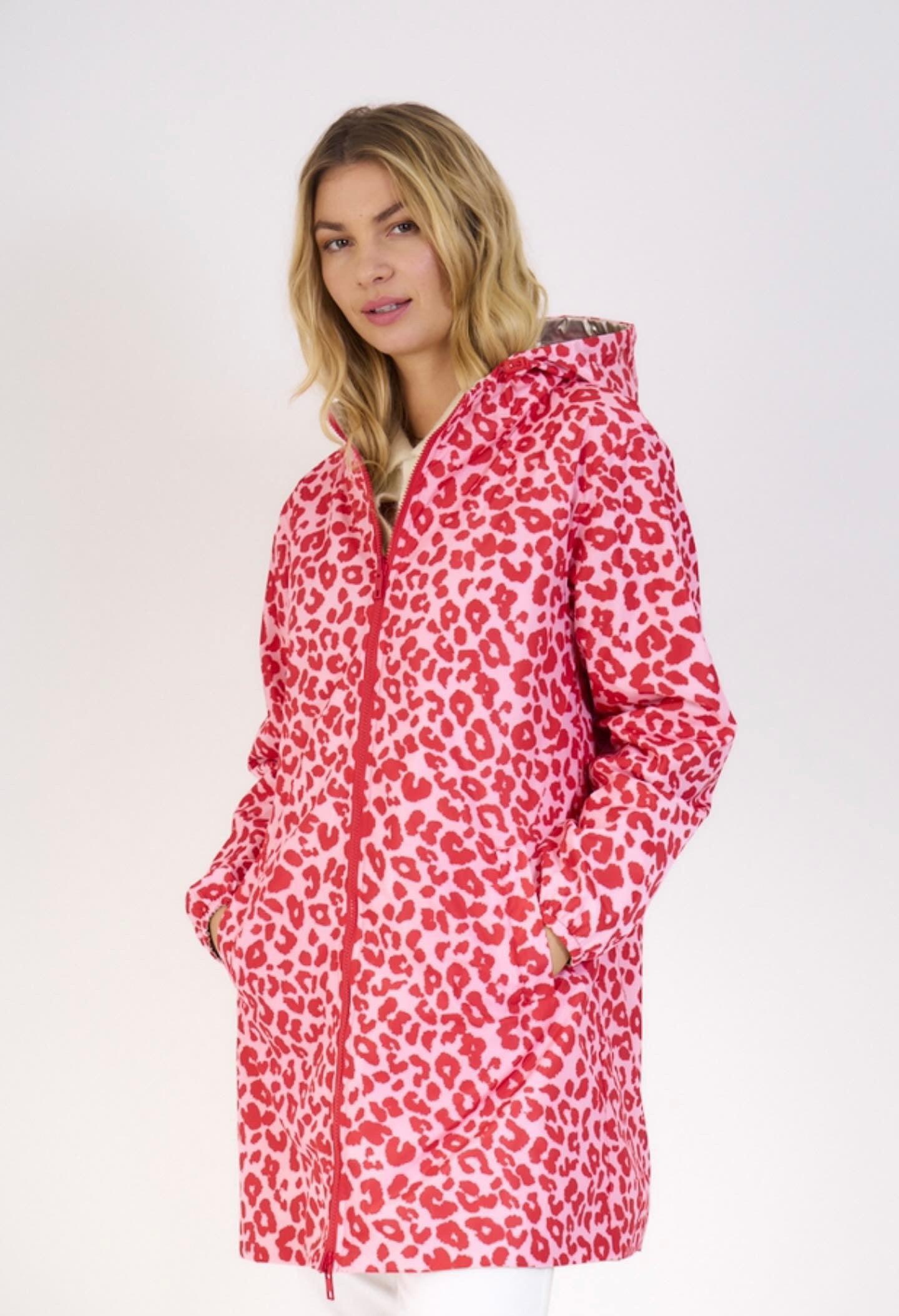 Escandelle - Parka longue imperméable motifs léopard rose fuschia réversible dorée - Le Petit Placard